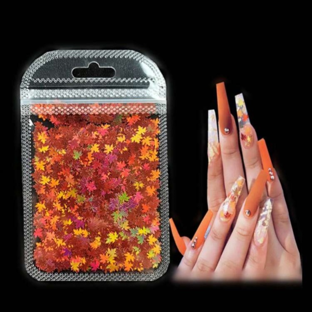 Holographic fall leaves art resin nails crafts autumn burnt orange makeup look